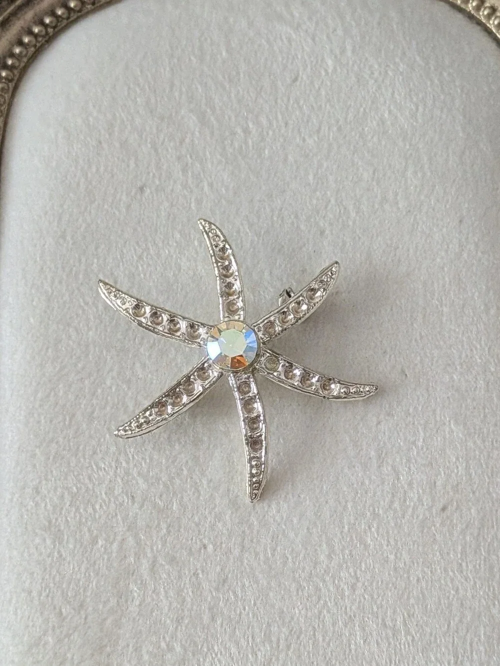 Vintage Mid-Century Silver Tone Starfish Brooch Pin with Aurora Borealis